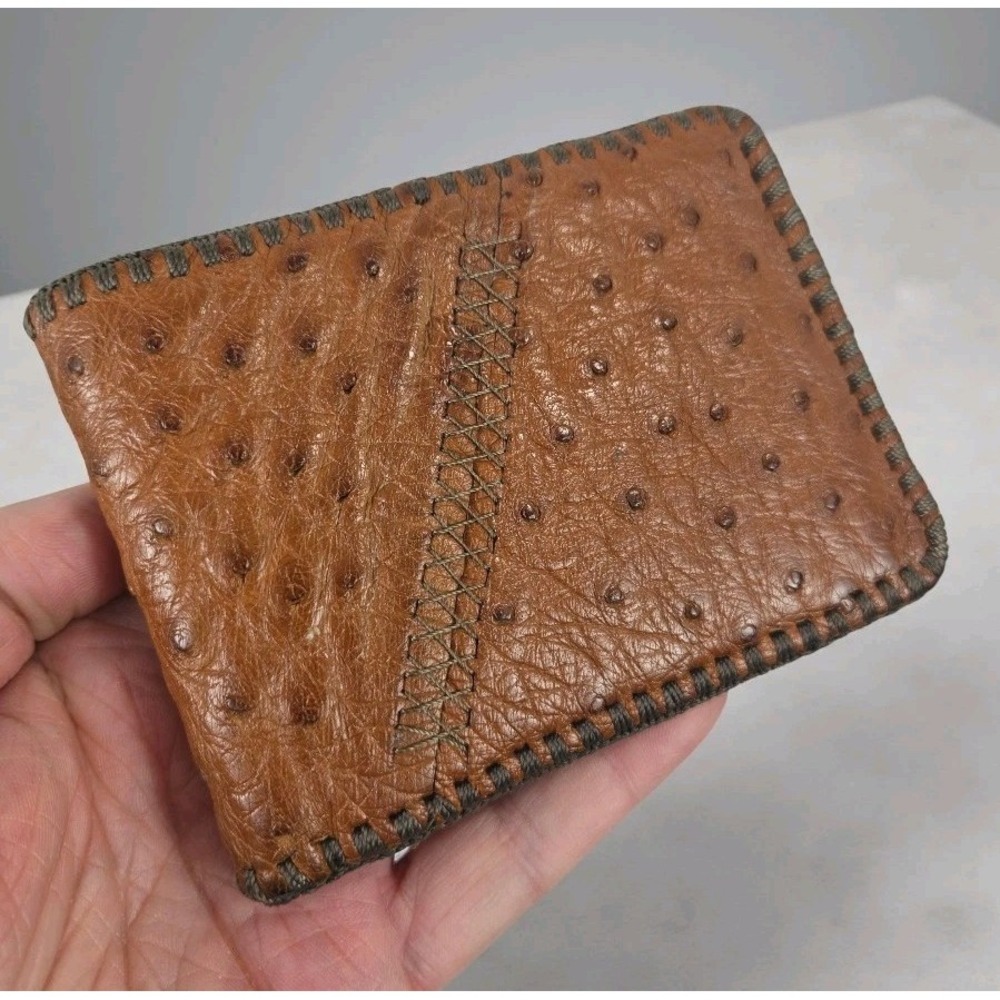 Genuine Full Quill Ostrich Wallet Cognac Brown Leather Bifold Western Mexico NEW